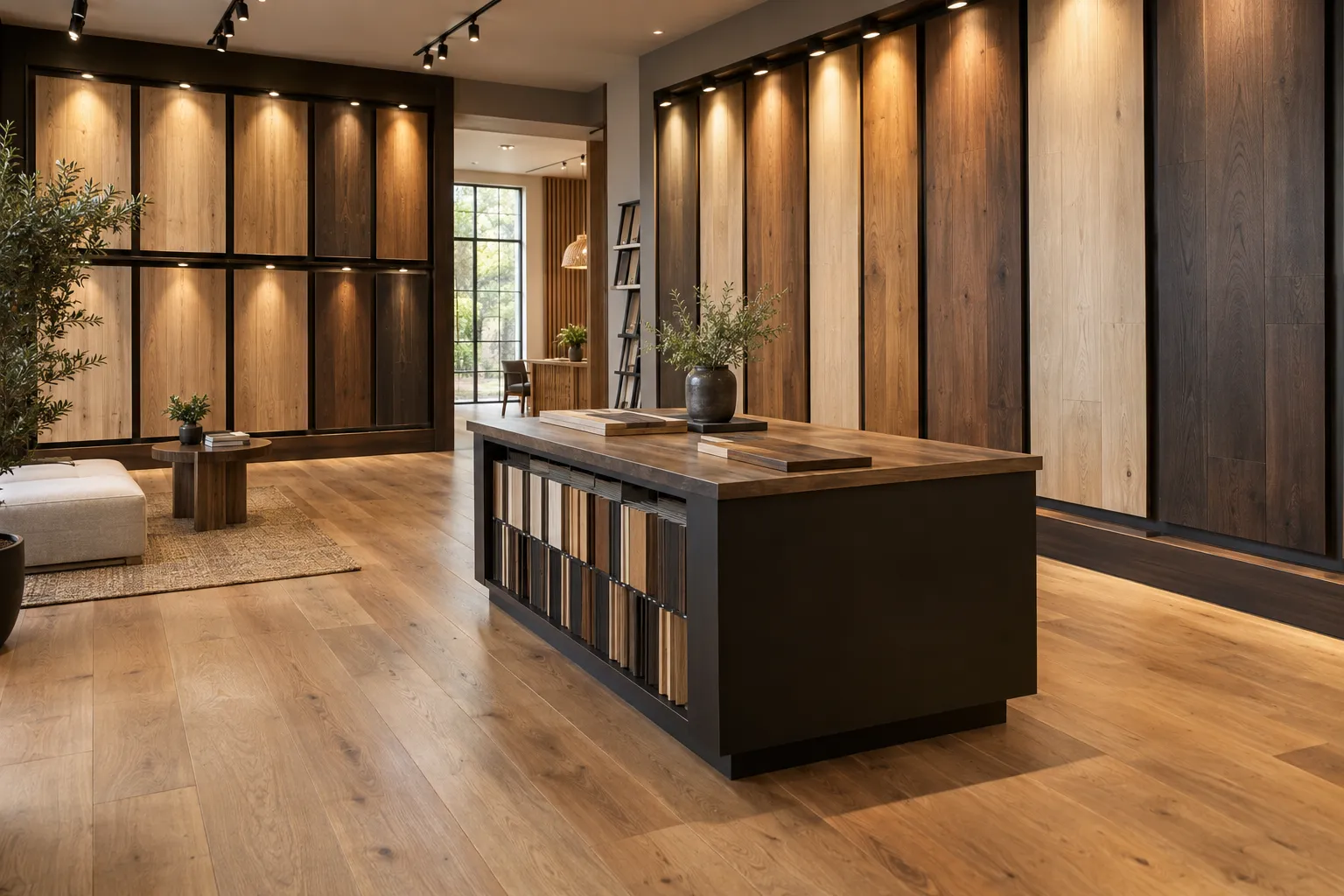 Floor Fashion showroom with wooden plank samples displayed on the walls